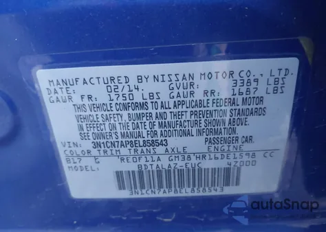 2014 Nissan Versa 1.6 S+ z USA, uszkodzony, nr VIN 3N1CN7AP8EL858543